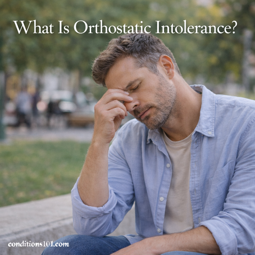 Adult man sitting outdoors on a bench with a thoughtful expression, representing orthostatic intolerance in an everyday setting.