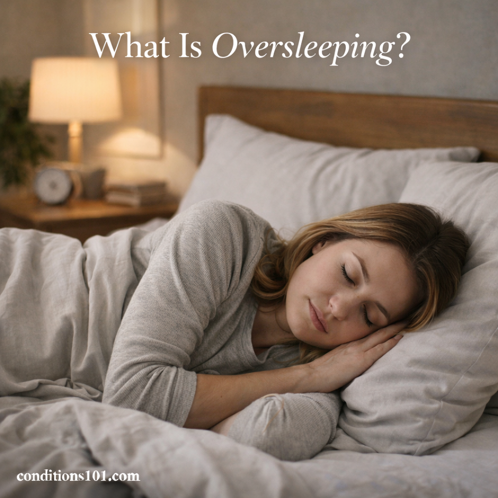 Adult woman resting peacefully in bed in a calm bedroom setting for an educational article explaining what oversleeping is.