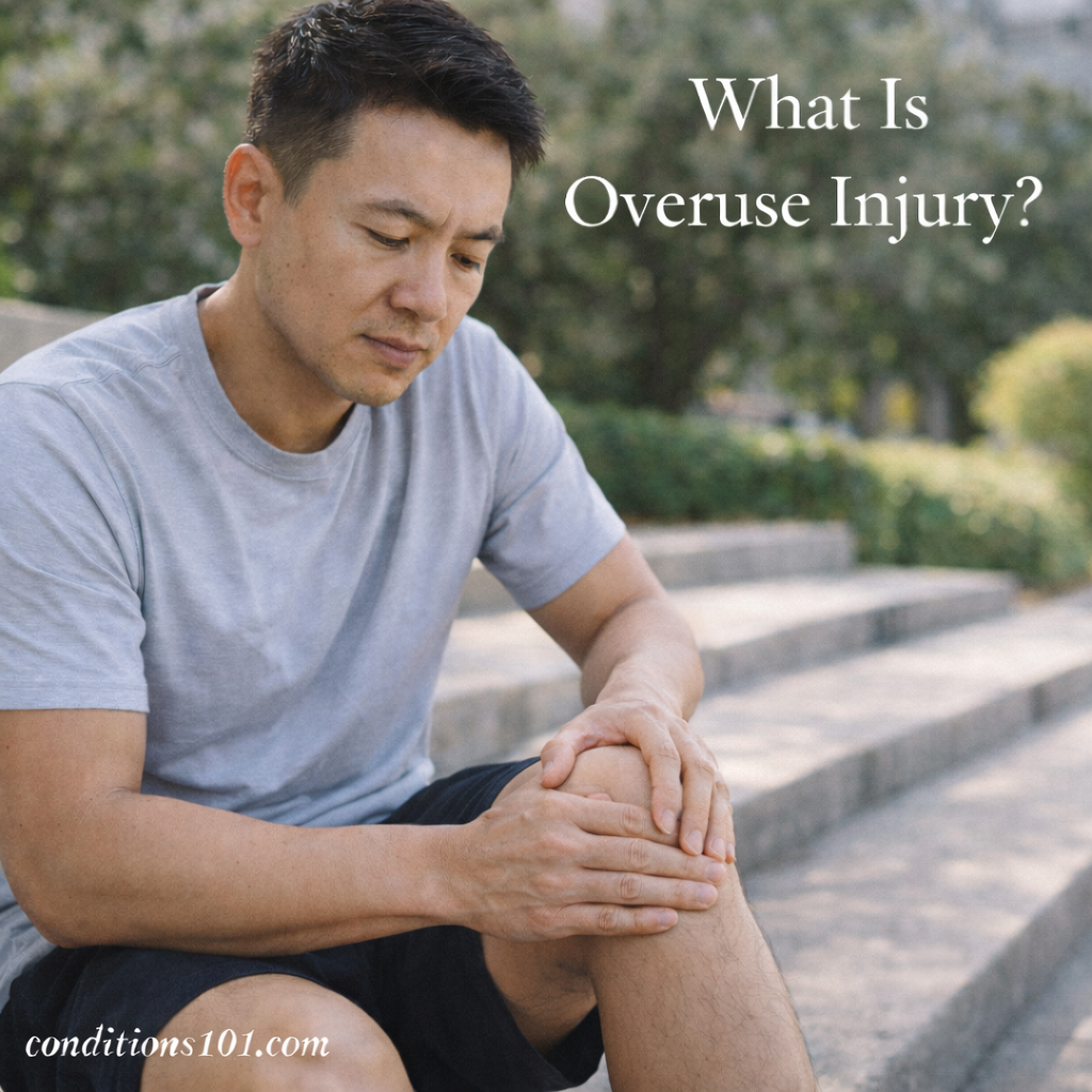 An adult man sitting outdoors on steps, holding one knee thoughtfully in a calm everyday setting.