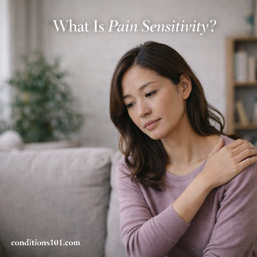 A woman sitting on a couch holding her shoulder while appearing thoughtfully focused in a calm living room.
