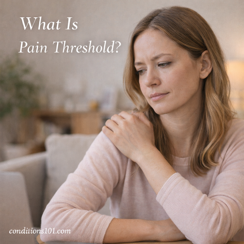 Adult woman sitting in a calm living room, thoughtfully touching her shoulder while reflecting on physical sensation.