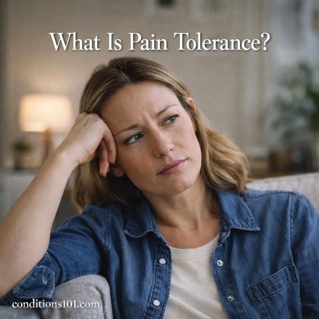 Adult woman sitting in a calm living room, appearing thoughtful, representing an educational topic about pain tolerance.