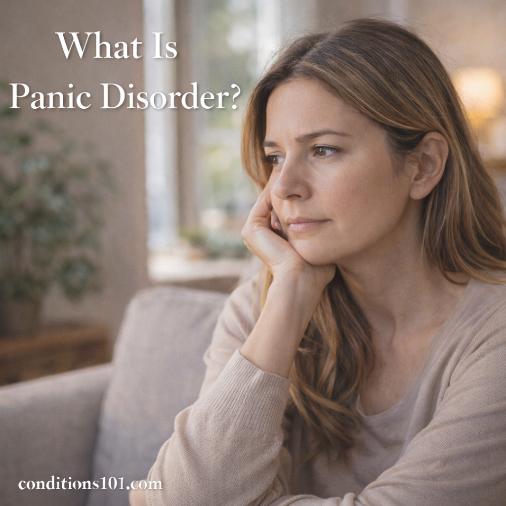 Young adult woman sitting by a window in a calm home setting with a thoughtful expression, representing an educational article about panic disorder.