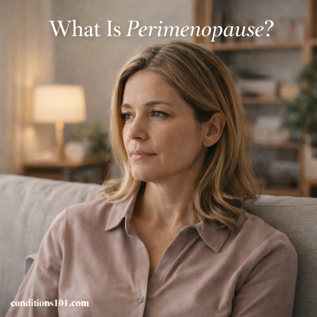 Middle-aged woman sitting calmly in a living room, representing a neutral everyday setting for an educational article explaining what perimenopause is.
