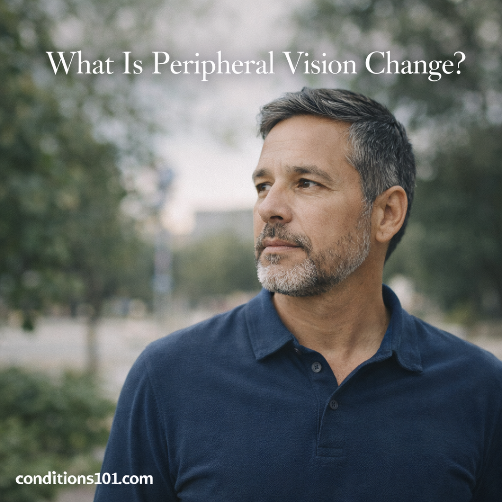 Middle-aged man looking to the side in a calm indoor setting, representing an educational article explaining peripheral vision change.