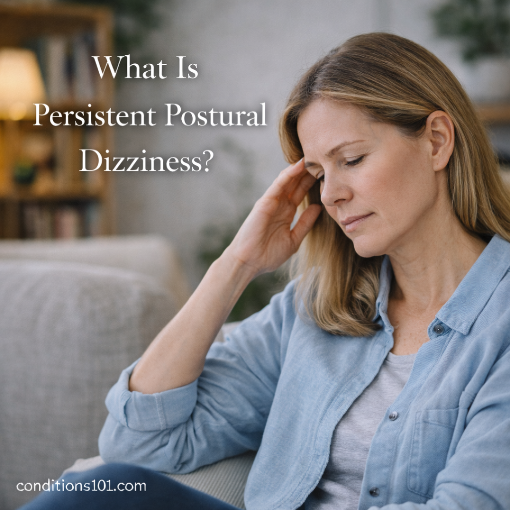 Middle-aged woman sitting thoughtfully on a couch in a calm home setting, representing an educational explanation of persistent postural dizziness.