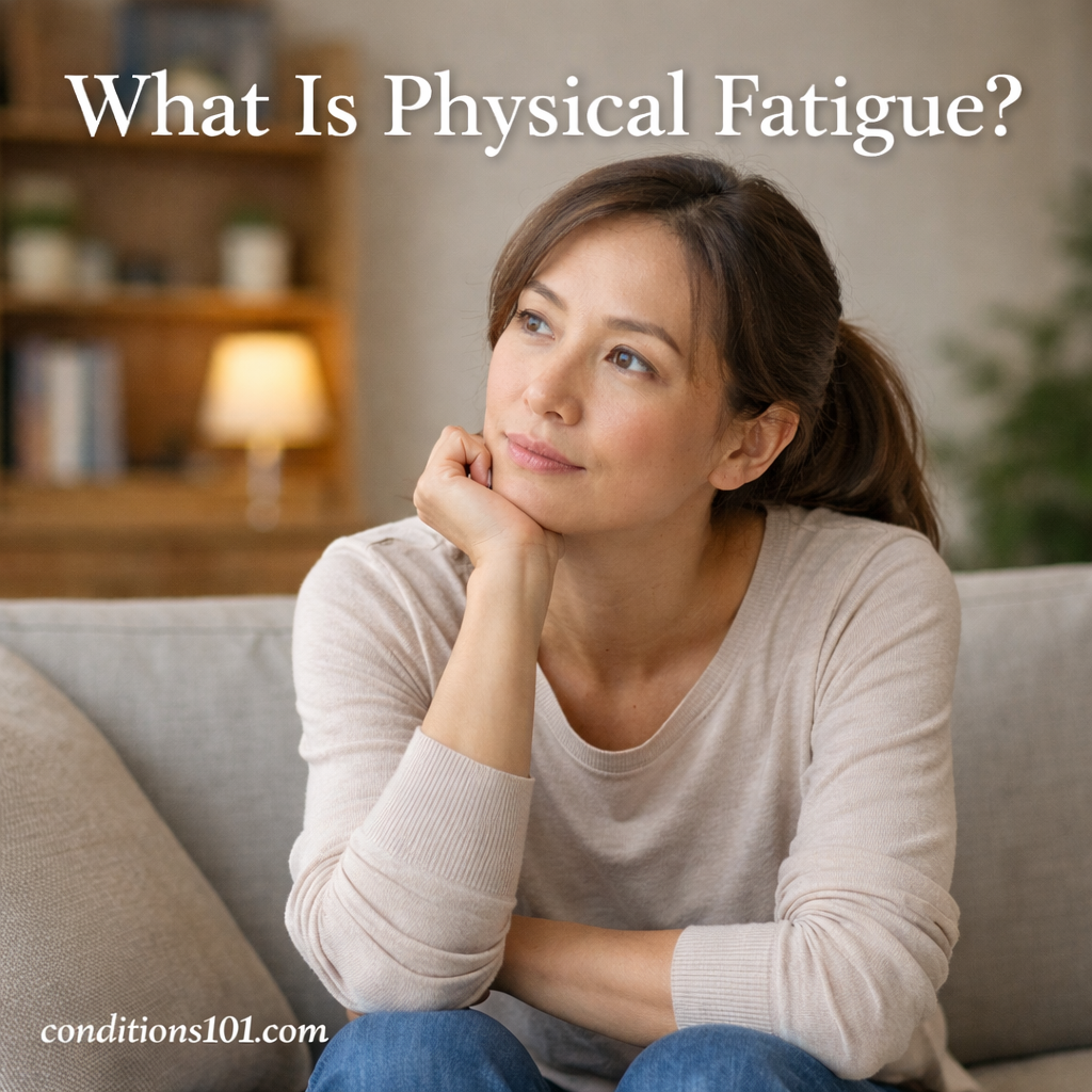 Adult woman sitting thoughtfully on a couch in a calm living room setting, representing an educational article about physical fatigue.