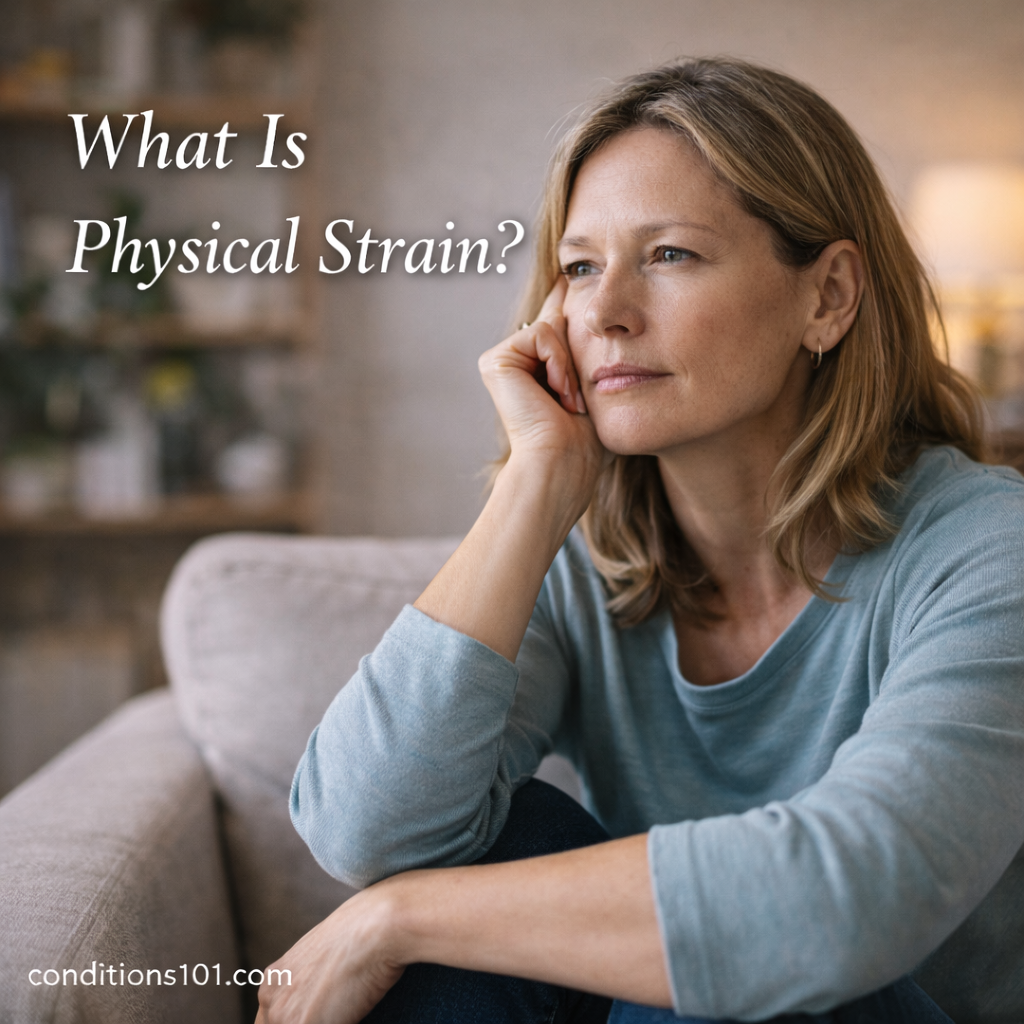 Adult woman sitting thoughtfully on a couch in a calm home setting, representing an educational explanation of physical strain.