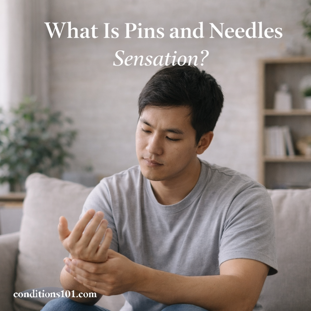 A man sitting on a couch looking thoughtfully at his hand, representing tingling or pins and needles sensation.