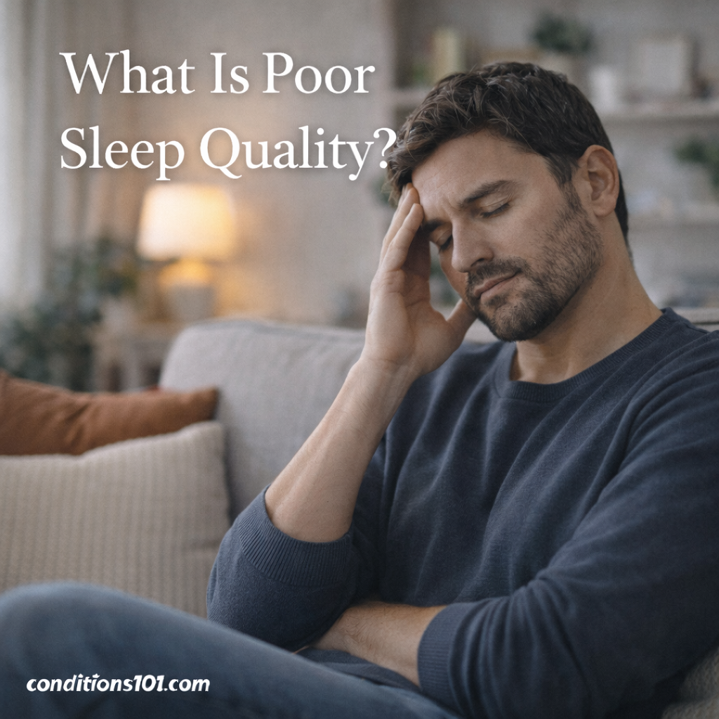 Adult man sitting on a couch in a calm living room with a tired, reflective expression, representing an educational overview of poor sleep quality.