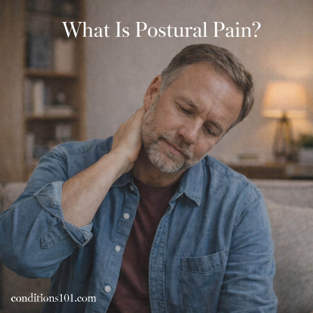 Adult man sitting in a living room gently touching his neck with a thoughtful expression, representing postural pain in an everyday, non-clinical setting.
