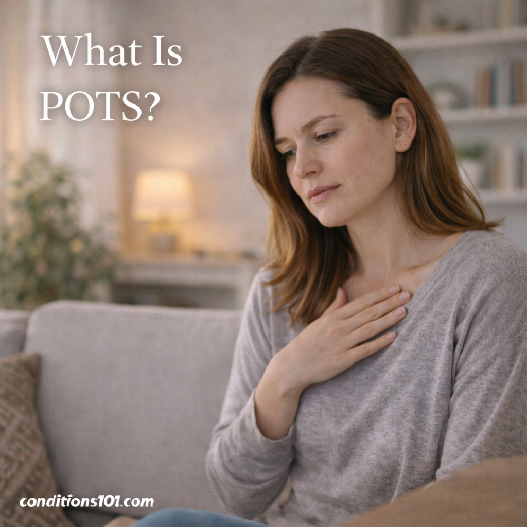 Adult woman sitting calmly on a couch in a living room with her hand resting on her chest, representing an educational overview of what POTS is.