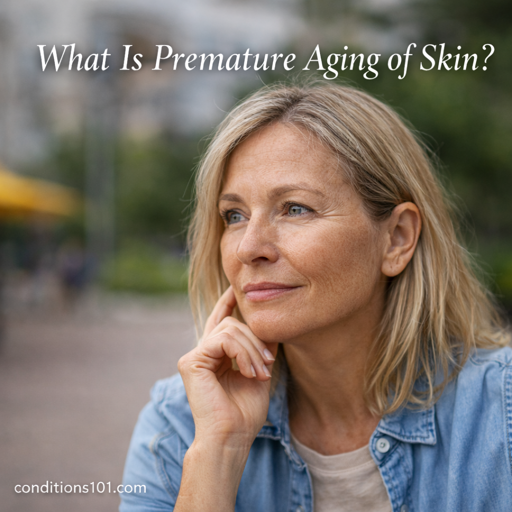 Middle-aged woman in an outdoor everyday setting with a thoughtful expression, representing an educational explanation of premature aging of skin.