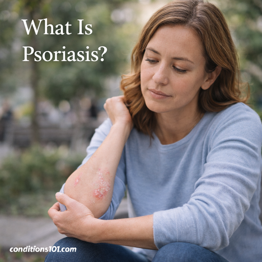 Adult woman sitting outdoors in a calm public space with visible psoriasis patches on her elbow, representing an educational overview of what psoriasis is.