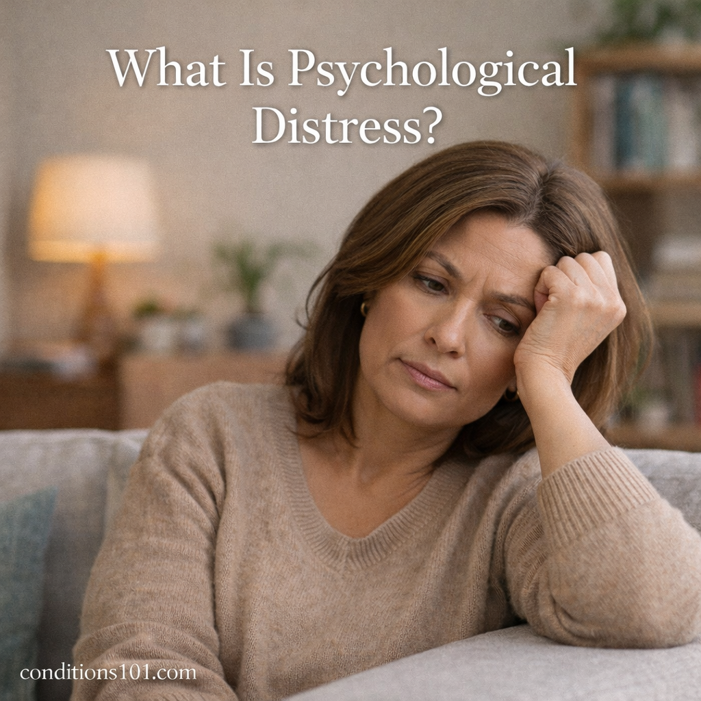 Adult woman sitting in a calm living room with a thoughtful expression, representing psychological distress in an educational, non-clinical context.