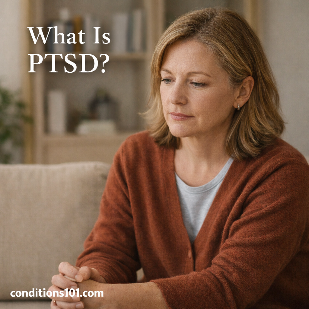 Adult woman in a calm everyday setting representing an educational overview of what PTSD is.
