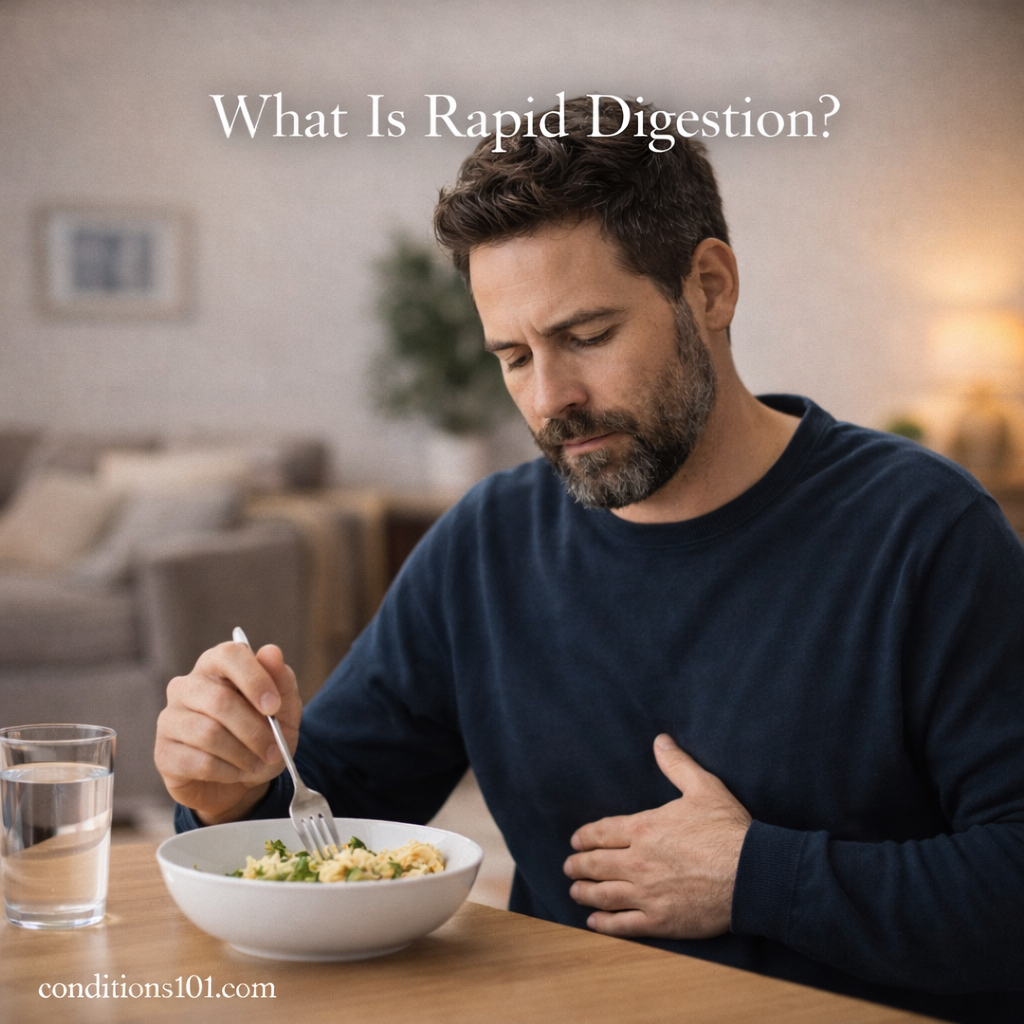 An adult man sitting at a dining table after a meal, calmly holding his stomach while eating in a non-clinical home setting, representing rapid digestion.