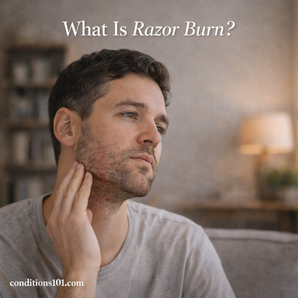 Adult man touching his neck in a calm home setting, representing an educational article explaining what razor burn is.