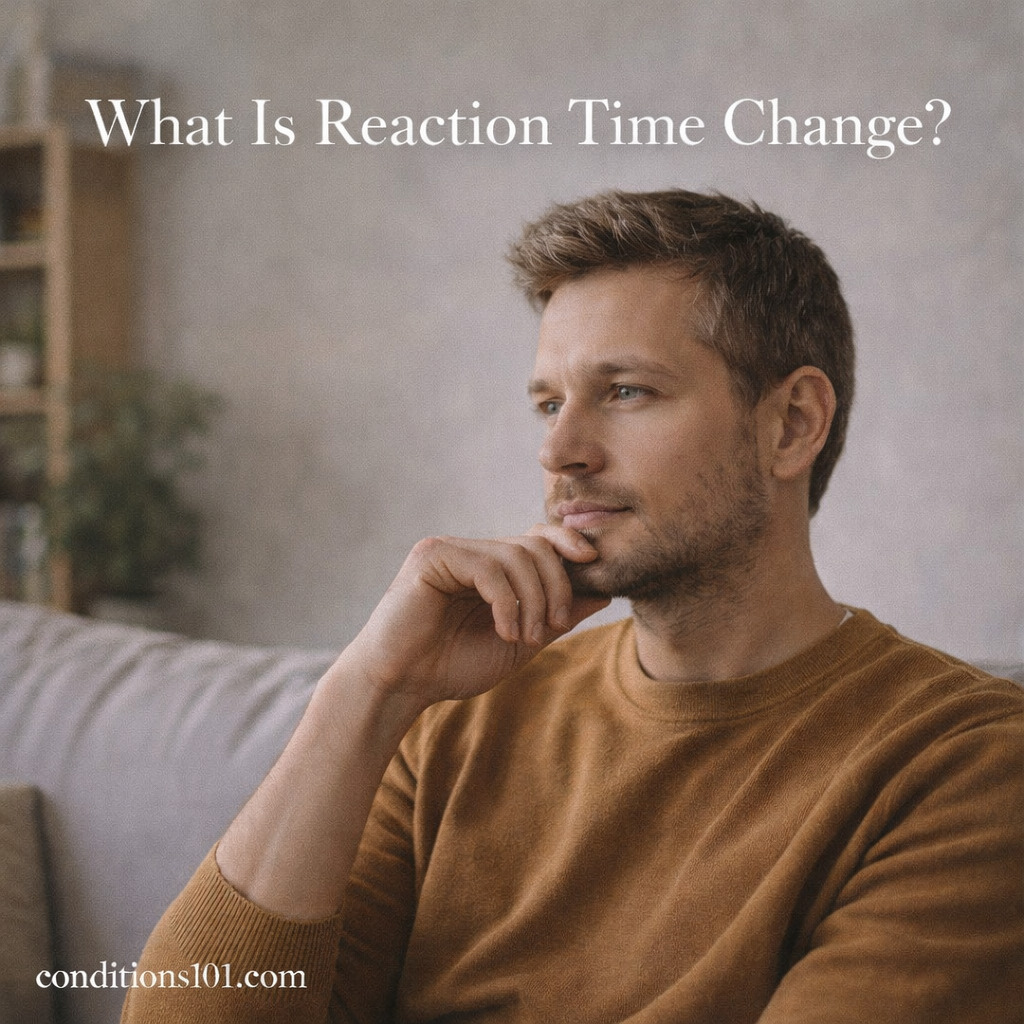 Adult man sitting in a living room with a thoughtful expression, representing an educational explanation of reaction time change in a non-clinical setting.