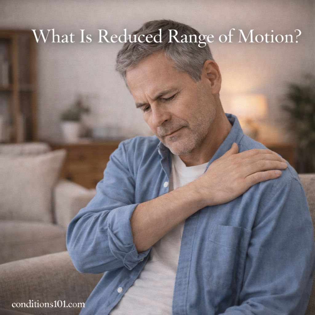 An older adult man sitting in a living room gently holding his shoulder with a thoughtful expression, representing reduced range of motion in an everyday setting.