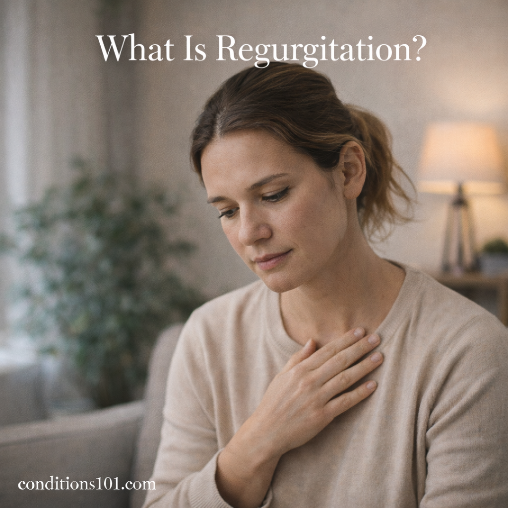 Adult woman sitting calmly indoors with a thoughtful expression, representing an educational explanation of regurgitation in a non-clinical context.