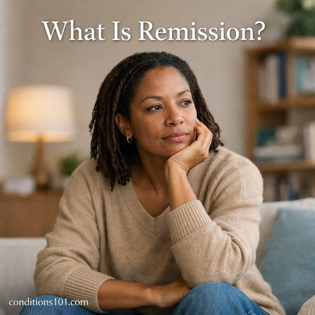 Adult person sitting in a calm home setting with a thoughtful expression, representing an educational overview of remission in general health conditions.