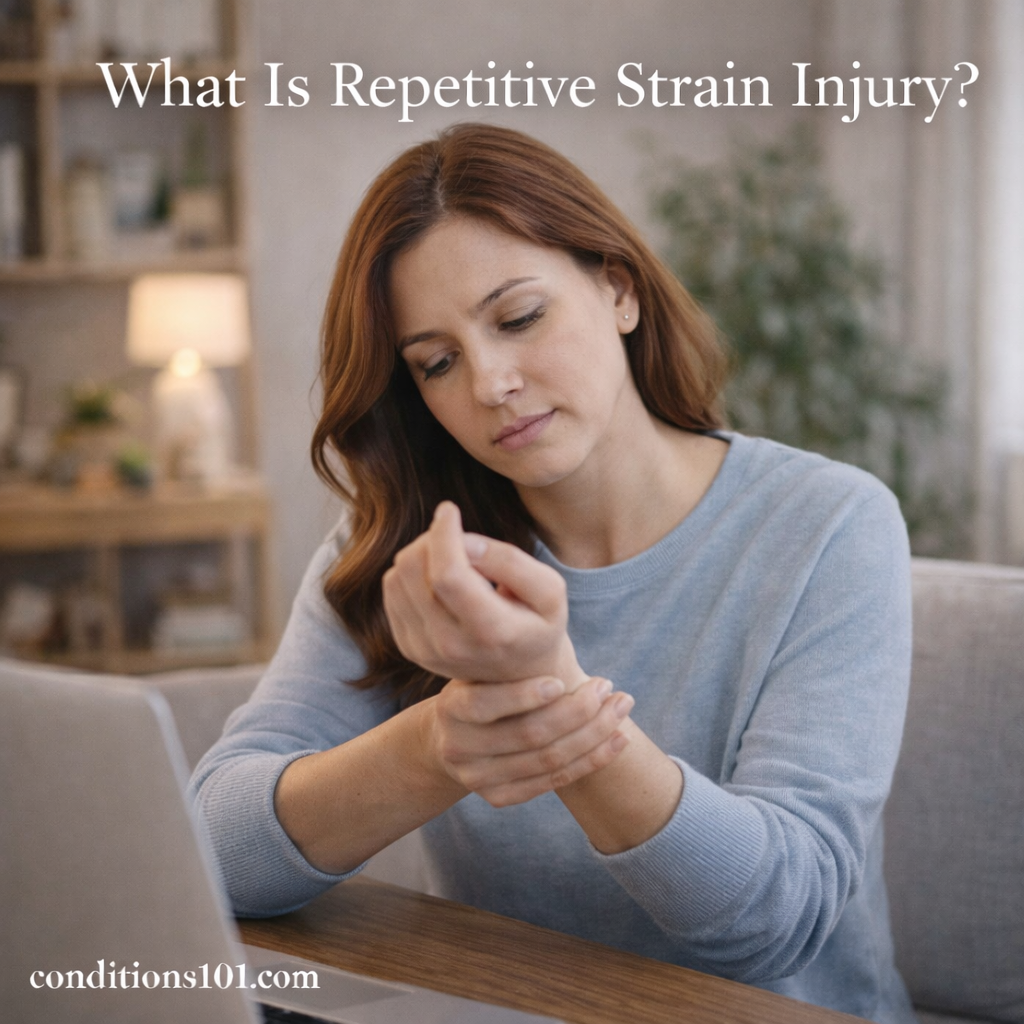 Adult woman sitting at a home desk gently holding her wrist, representing repetitive strain injury in an educational, everyday context.