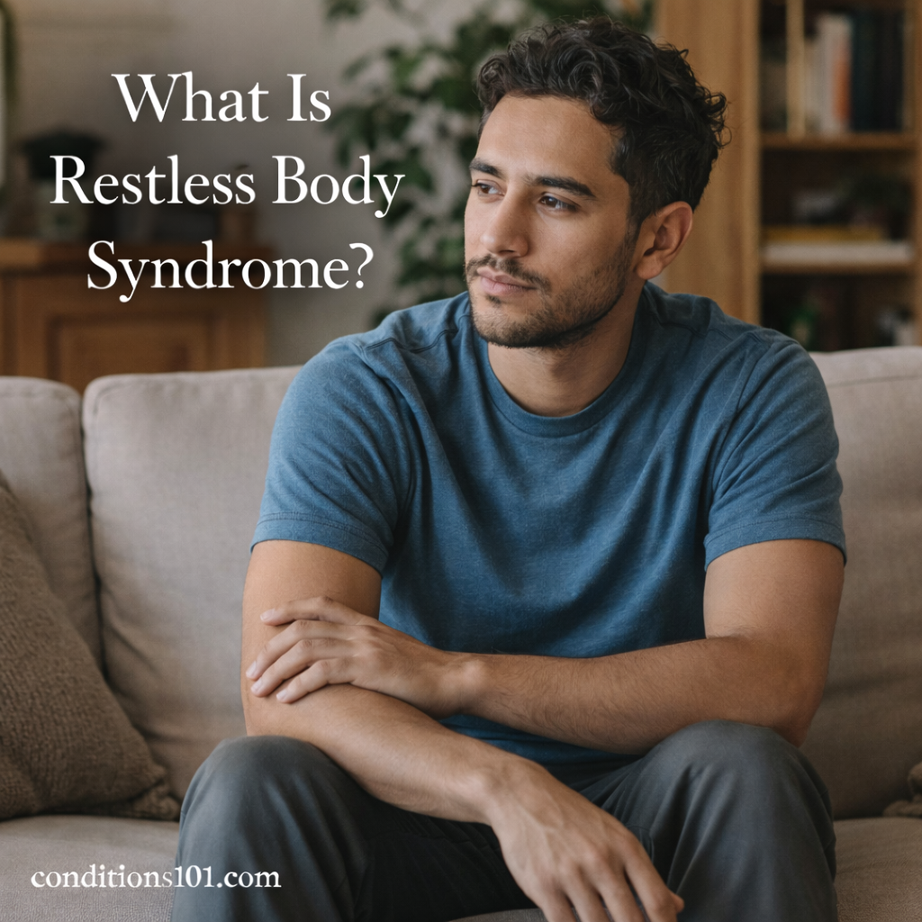 Adult man sitting on a couch in a calm home setting, appearing thoughtfully focused and slightly restless.