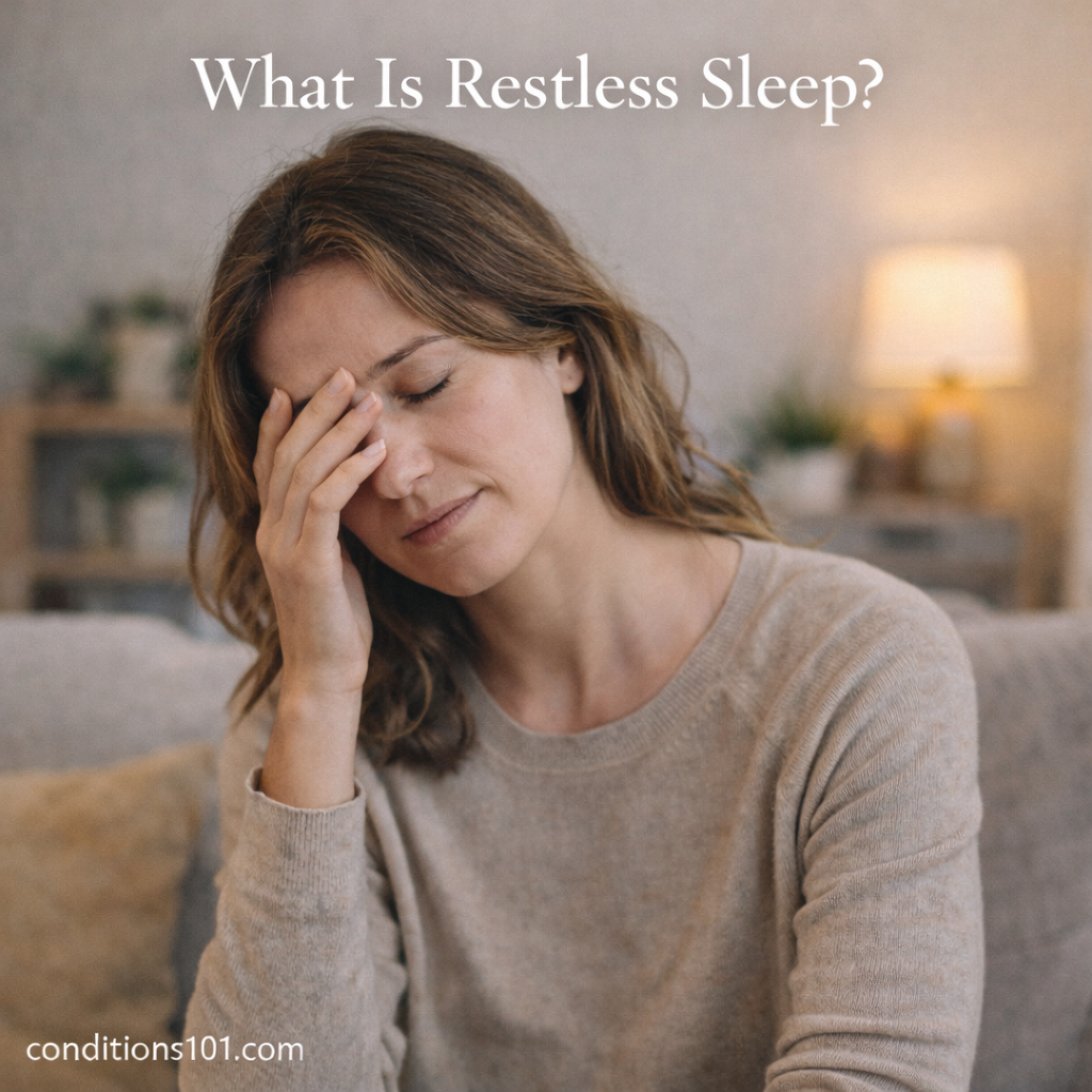 Adult woman sitting in a calm living room with a tired, thoughtful expression, representing an educational overview of restless sleep.