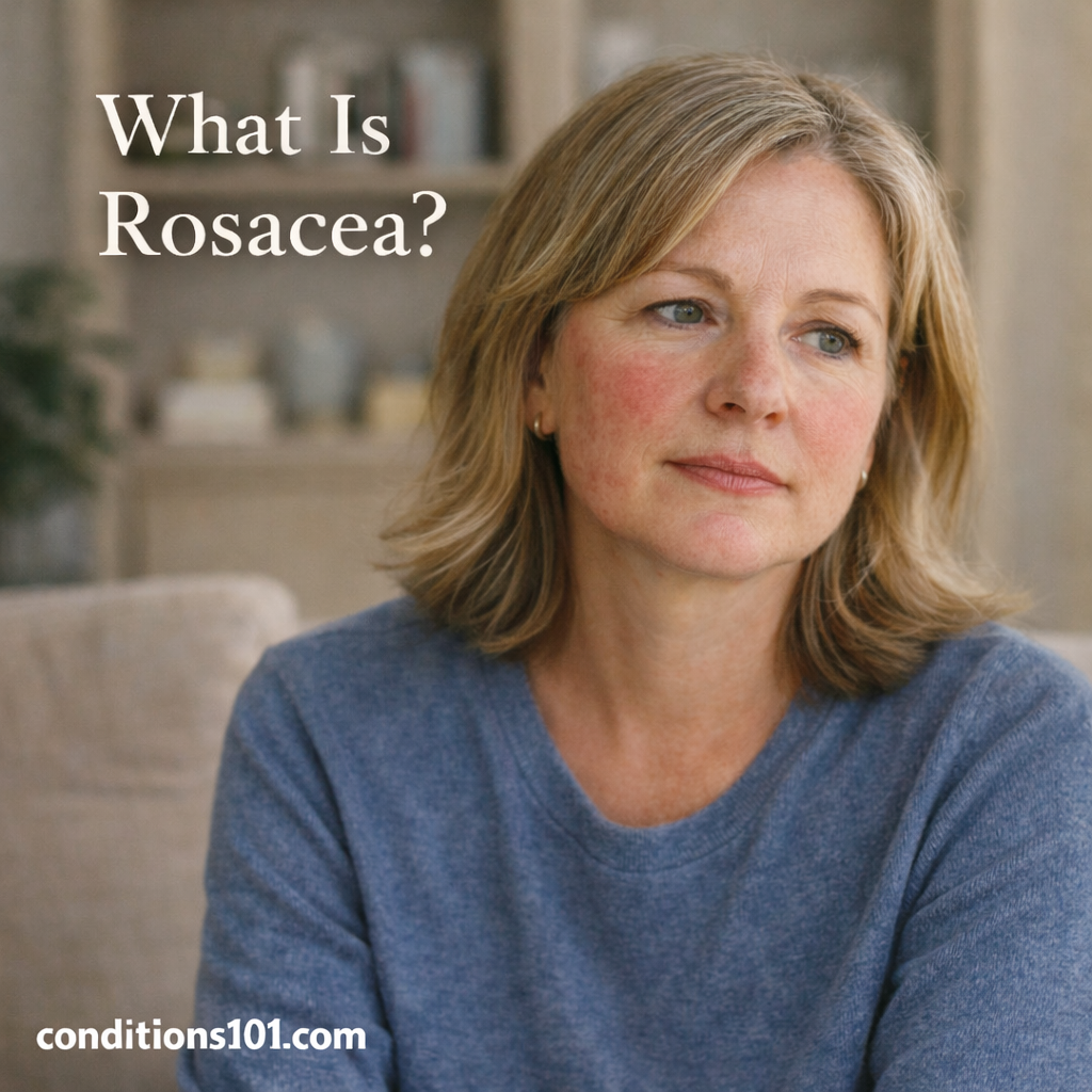 Adult woman in a calm everyday setting with visible facial redness, representing an educational overview of what rosacea is.