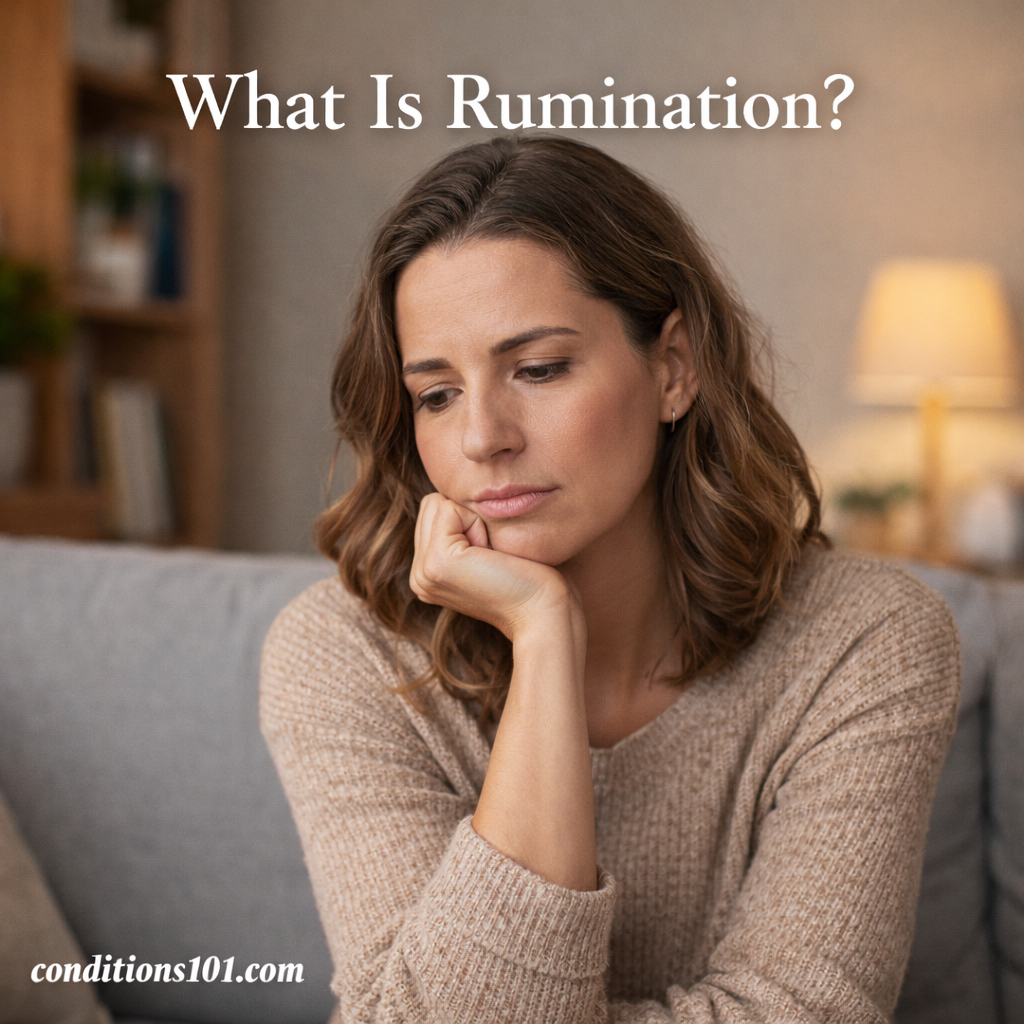 Adult woman sitting thoughtfully on a couch in a calm home setting, representing an educational explanation of rumination and repetitive thinking patterns.