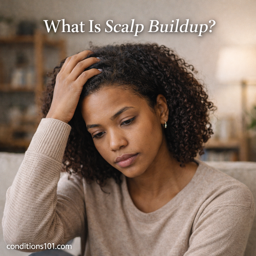 Woman gently touching her scalp in a calm home setting, representing common experiences related to scalp buildup and hair care.