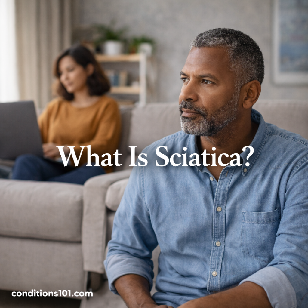 Man sitting in a calm home setting with a thoughtful expression, representing an educational overview of sciatica and nerve-related pain.