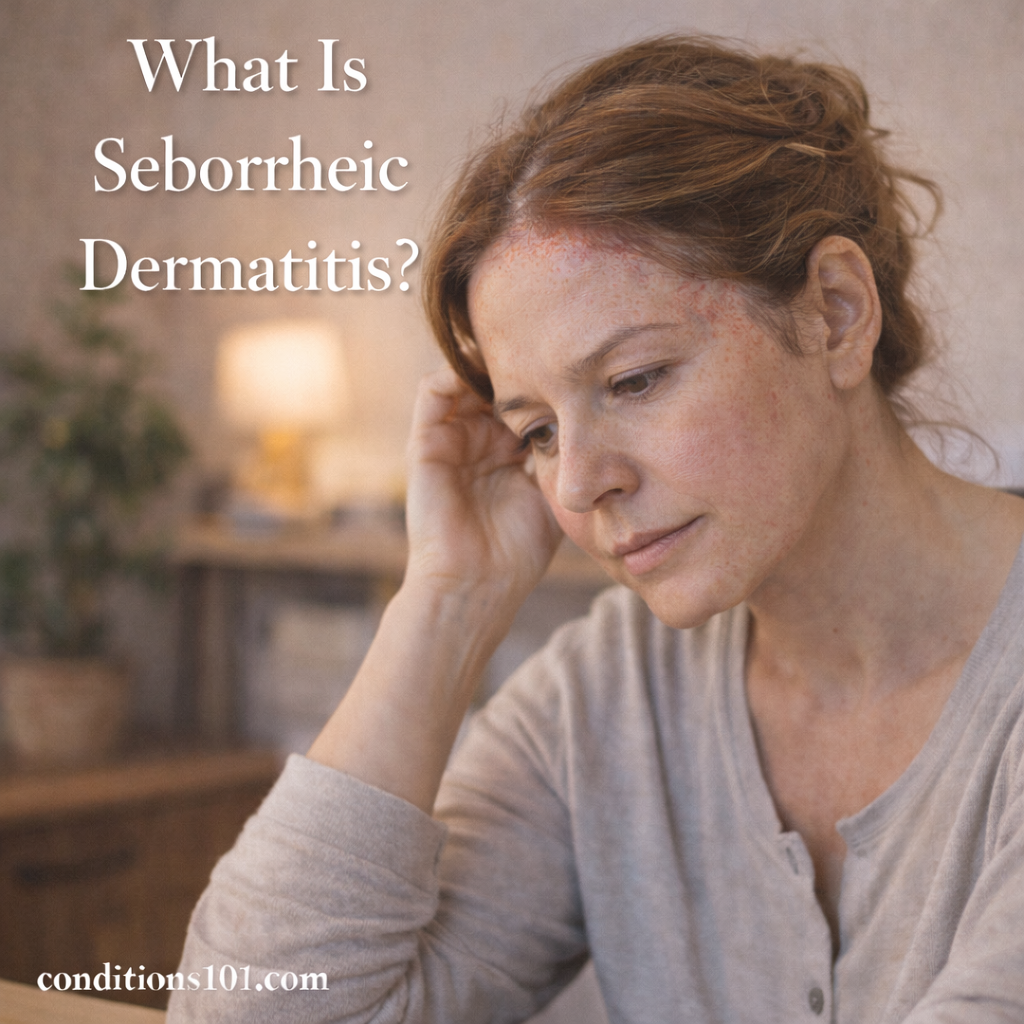 Middle-aged woman sitting indoors with visible redness and flaking along the hairline and eyebrows, representing an educational article about seborrheic dermatitis.