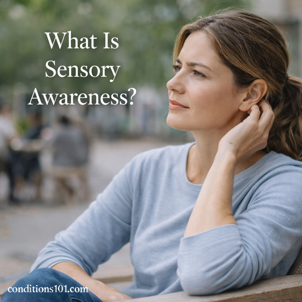 Adult person seated outdoors in a calm public space, thoughtfully focused, representing sensory awareness in everyday life.