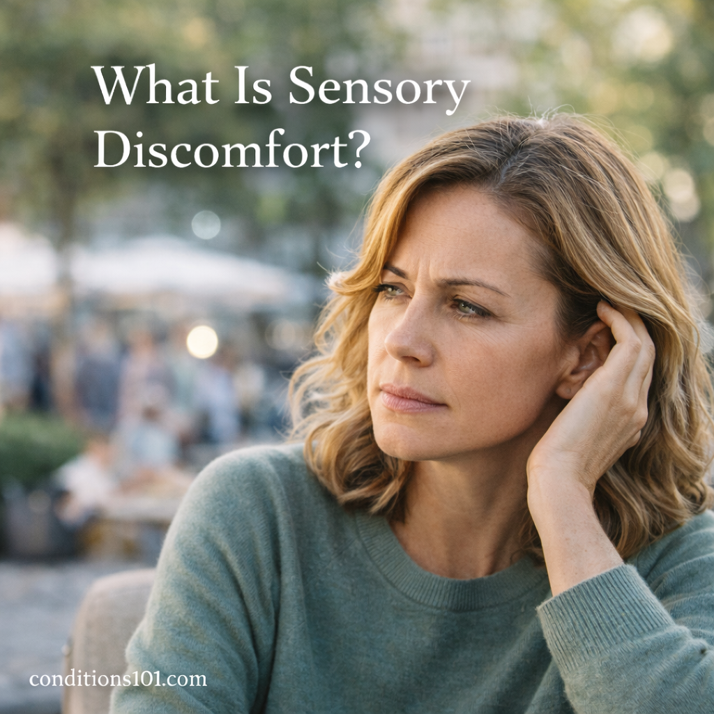 Adult woman in an outdoor public space appearing thoughtful and mildly distracted, representing everyday sensory discomfort.