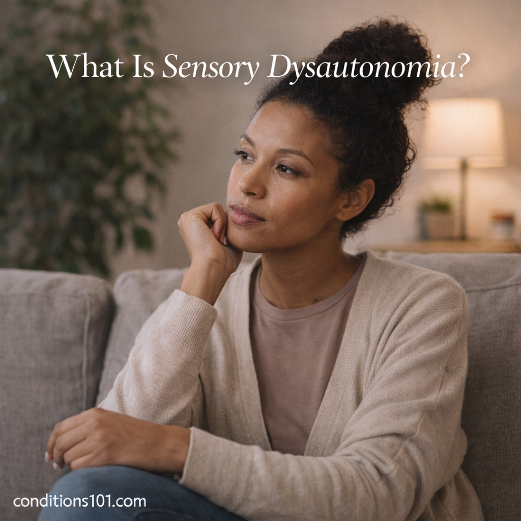 Woman sitting on a couch in a calm home setting with a thoughtful expression, representing sensory and autonomic nervous system regulation.