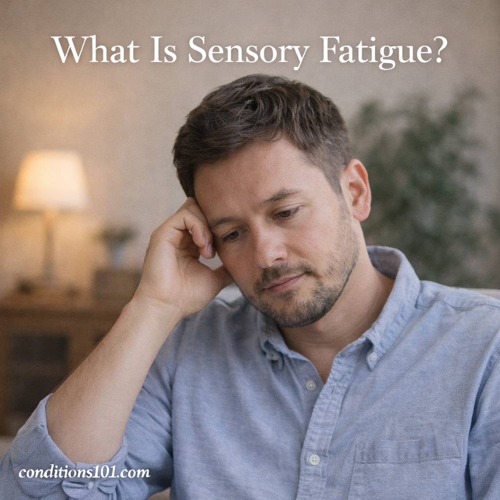 Adult man sitting thoughtfully in a calm living room setting, representing an educational article about sensory fatigue.