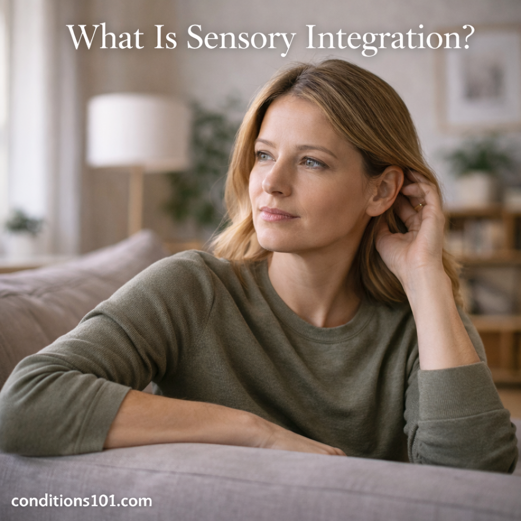 Thoughtful adult woman sitting in a calm living room, representing sensory integration in everyday life.