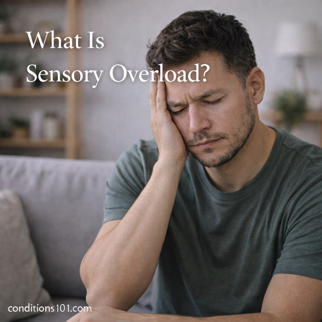 Adult man sitting in a calm living room with eyes closed and a thoughtful expression, representing an educational overview of sensory overload.
