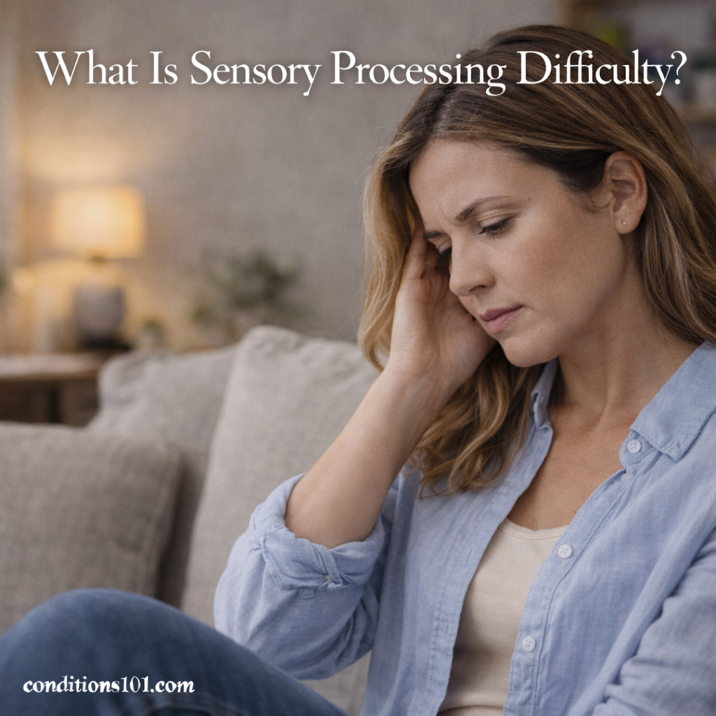 Adult woman sitting on a couch in a calm living room setting with a thoughtful expression, representing sensory processing difficulty.