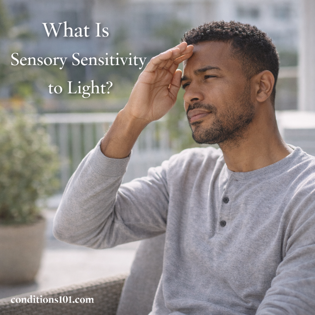 An adult man outdoors shielding his eyes from bright sunlight, representing everyday sensory sensitivity to light.