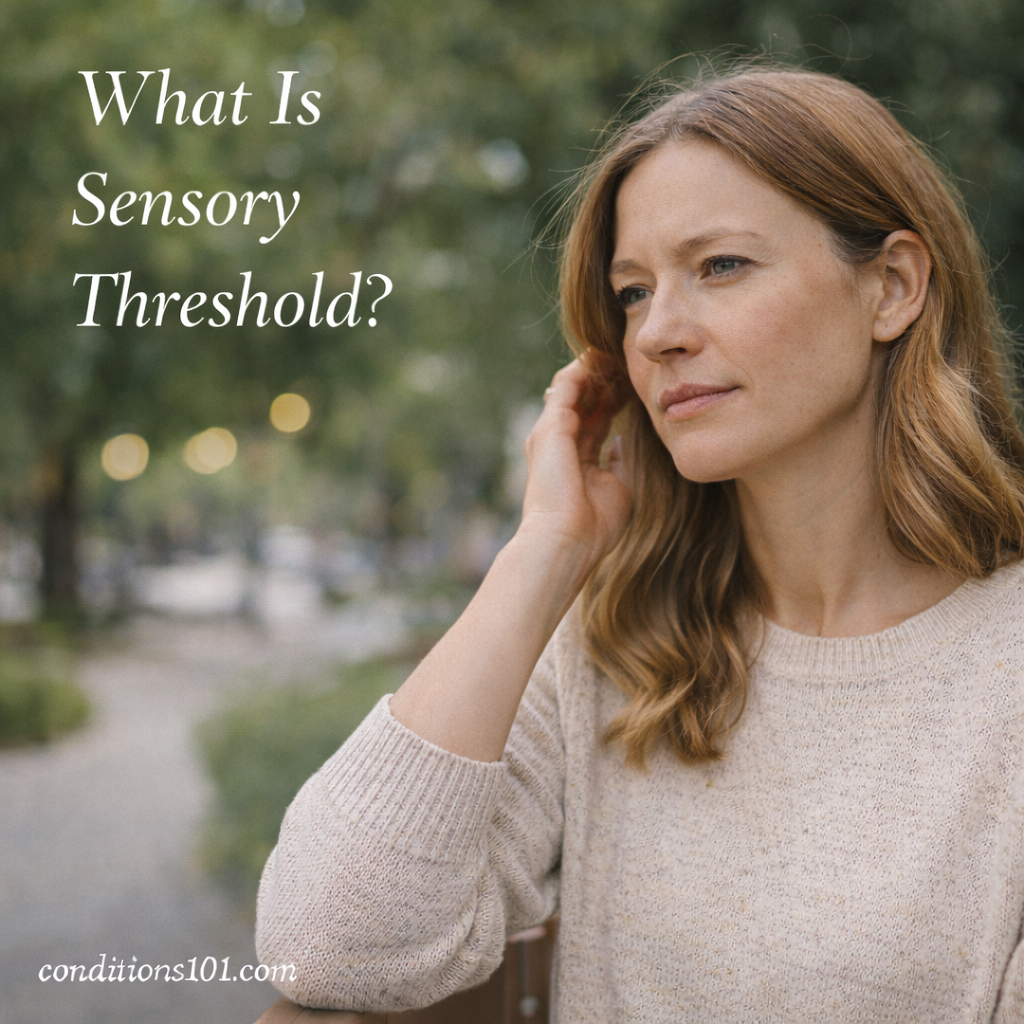 Adult woman standing outdoors in a calm public space, thoughtfully focusing on sensory awareness in a natural environment.