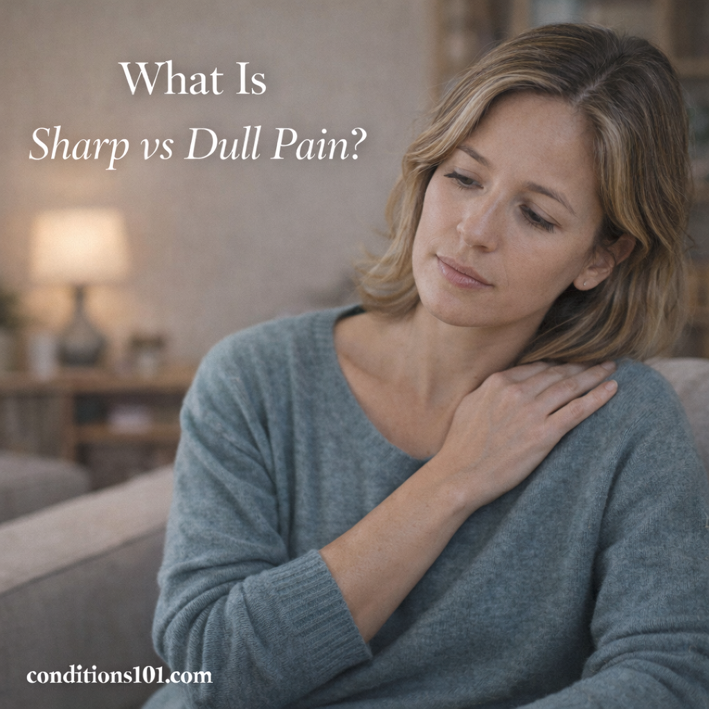 An adult woman sitting calmly in a living room with a thoughtful expression, representing awareness of sharp versus dull pain sensations.