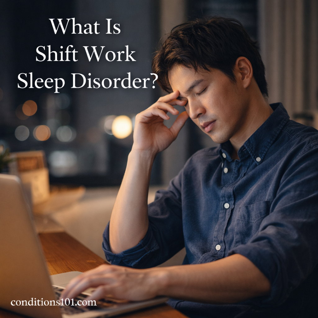 Adult man working at a desk at night in a calm indoor setting, appearing tired and thoughtfully focused.