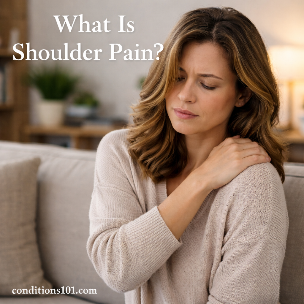 Adult woman sitting in a calm home setting, gently holding her shoulder, representing an educational article about shoulder pain.