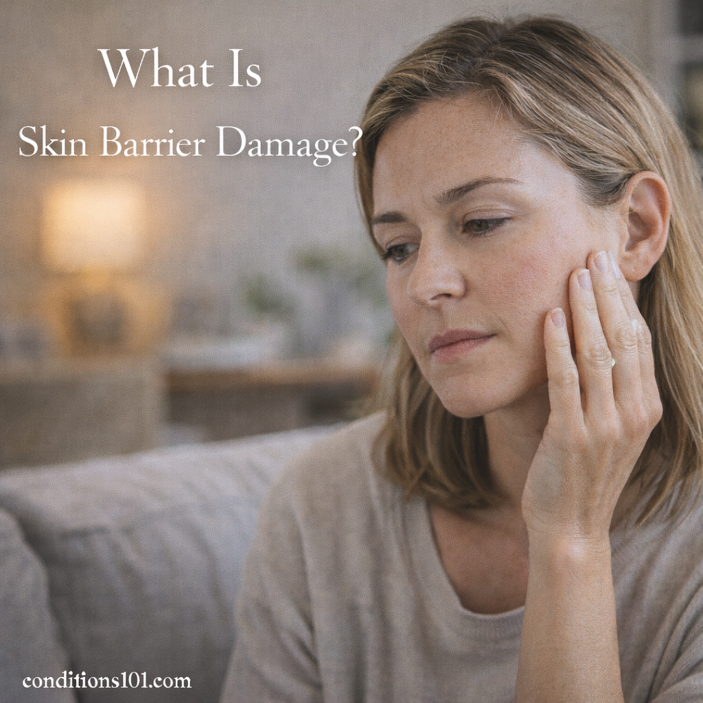 An adult woman gently touching her cheek in a calm living room setting, appearing thoughtfully focused, representing skin barrier damage in an everyday, non-clinical context.