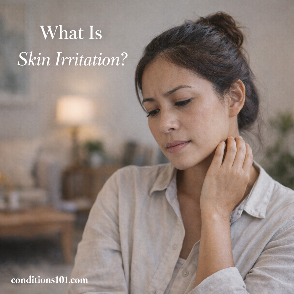 An adult woman touching her neck in a calm living room, representing everyday skin irritation awareness.