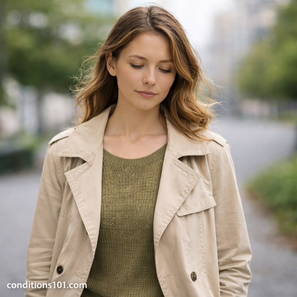 Adult woman walking outdoors in a calm everyday setting, representing natural skin texture awareness.