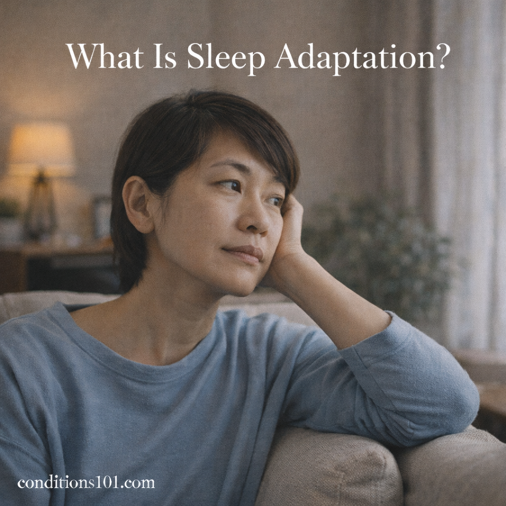 Adult woman sitting on a couch in a calm living room with a thoughtful expression, representing sleep adaptation in an educational, non-clinical context.